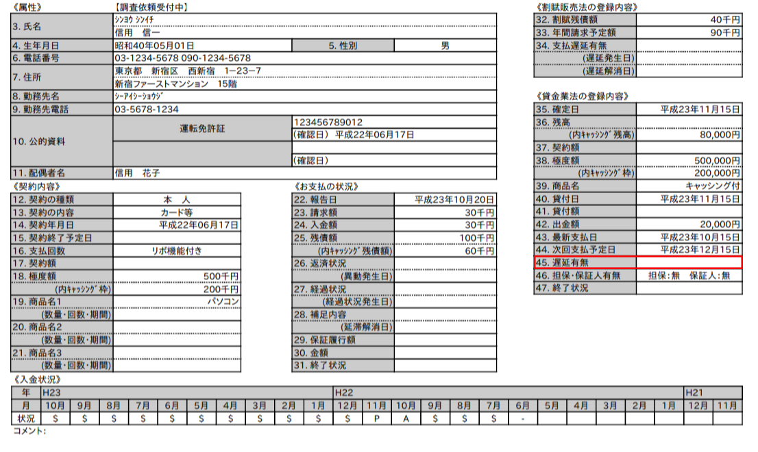 信用情報機関CICで記録される内容の画像